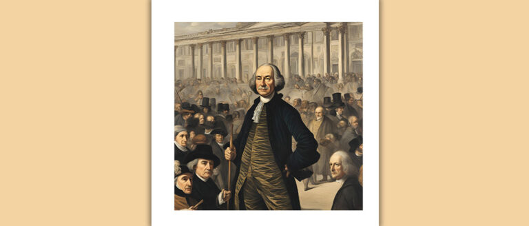 Ki generiertes Bild auf dem der Philosoph Thomas Hobbes vor einem Gebäude mit anderen Menschen zu sehen ist.